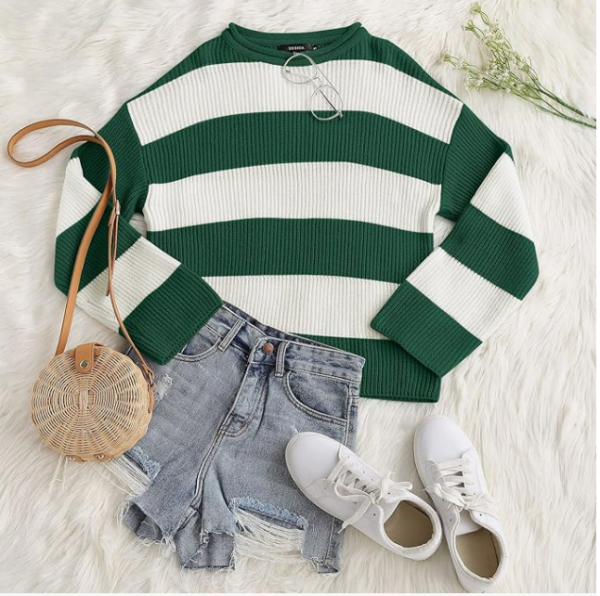 Women's 2024 Fall Long Sleeve Crew Neck Striped Color Green and White - Image 3