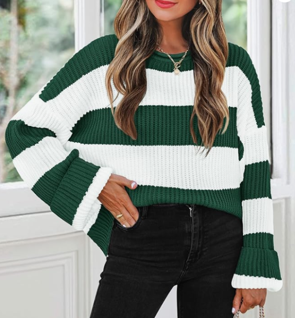 Women's 2024 Fall Long Sleeve Crew Neck Striped Color Green and White - Image 4